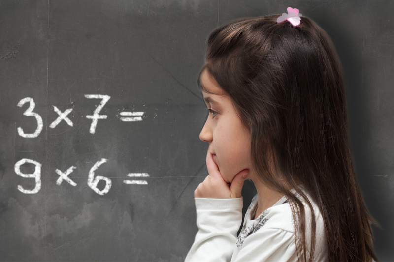 Dziewczynka rozwiązująca zadanie matematyczne z iloczynu