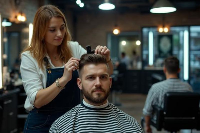 Męski fryzjer – Bochnia podczas stylizacji fryzury w salonie barberskim