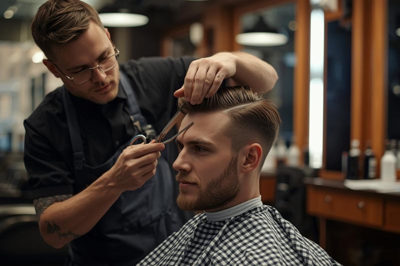Usługi barberskie – Bochnia, barber podczas profesjonalnego strzyżenia męskiego
